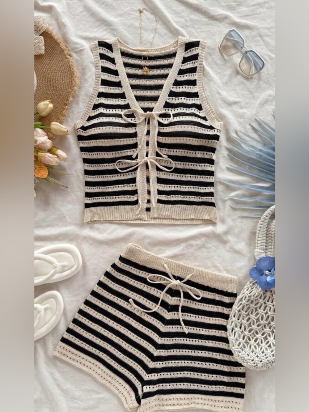 SHEIN Black and Cream Striped Knit Tie-Front Tank & Shorts Set